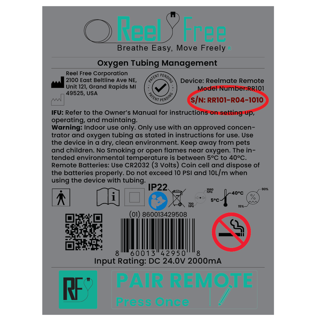 Second example showing where to find the serial number on the Reel Free unit.