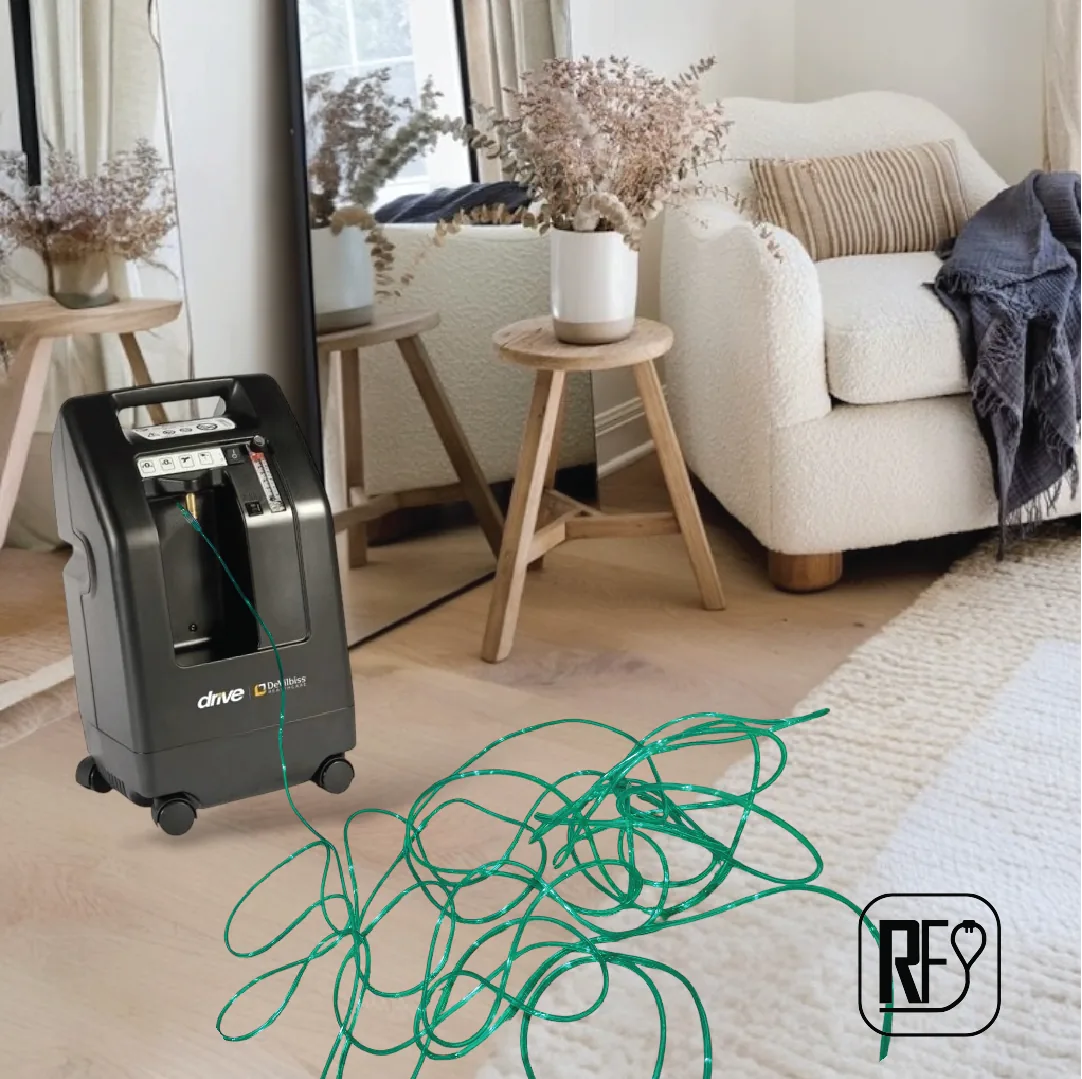 Oxygen tubing on the floor creating a tubing fall hazard in a home