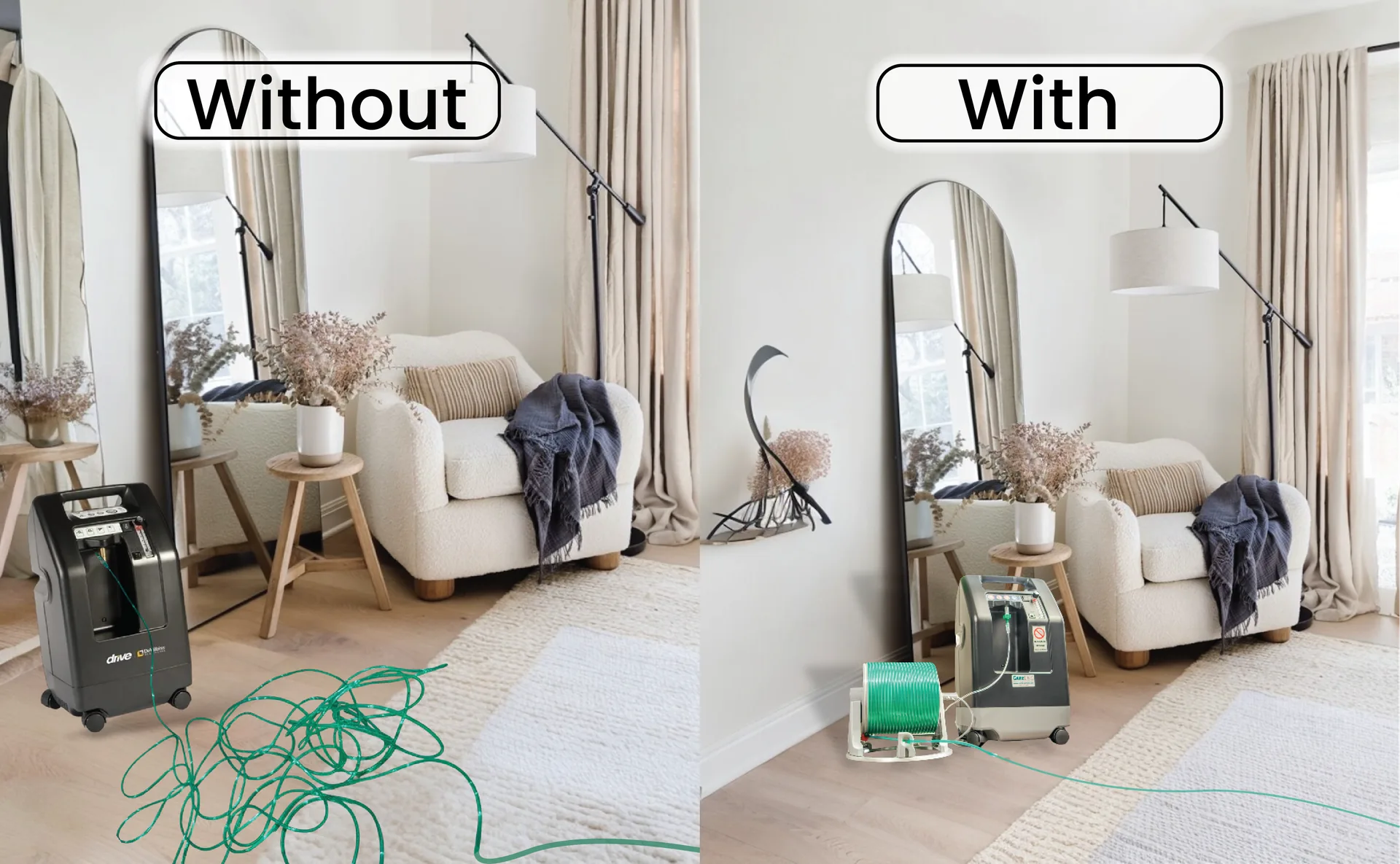 Before and after comparison of oxygen tubing organization