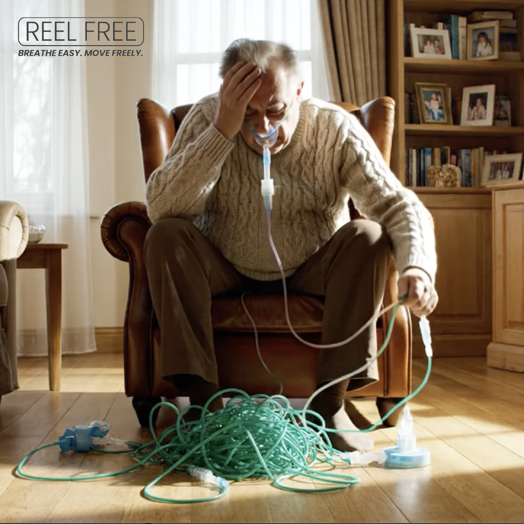 Long oxygen tubing tangled near furniture in the home